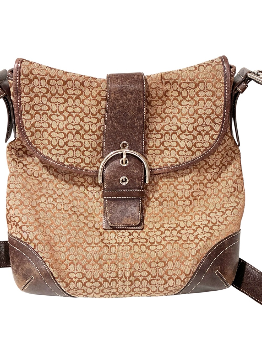Coach Solo Shoulder Bag Brown‎ Signature C Buckle Flap Leather Canvas